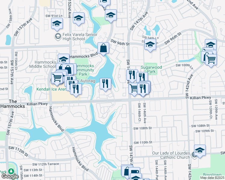 map of restaurants, bars, coffee shops, grocery stores, and more near 14857 Southwest 104th Street in Miami