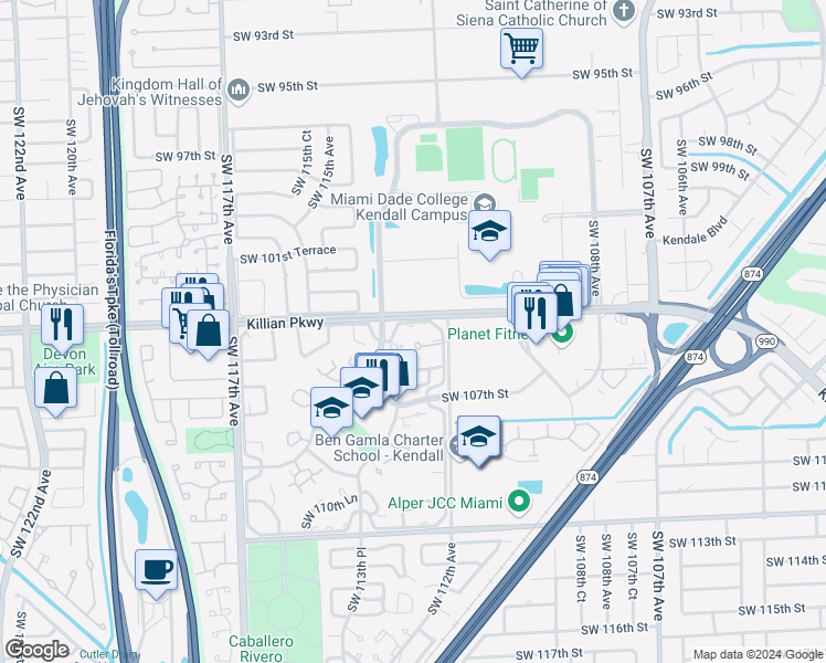 map of restaurants, bars, coffee shops, grocery stores, and more near 11246 Southwest 104th Street in Miami