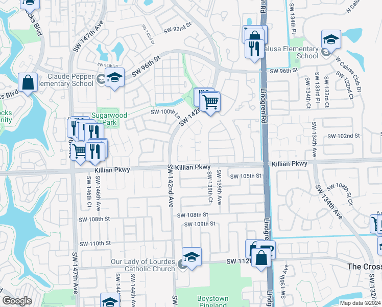 map of restaurants, bars, coffee shops, grocery stores, and more near 13944 Southwest 103rd Terrace in Miami
