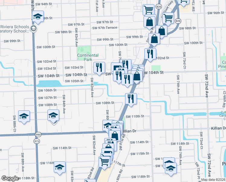 map of restaurants, bars, coffee shops, grocery stores, and more near 10655 Southwest 79th Place in Miami