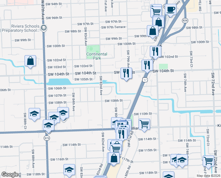 map of restaurants, bars, coffee shops, grocery stores, and more near 10645 Southwest 80th Court in Miami