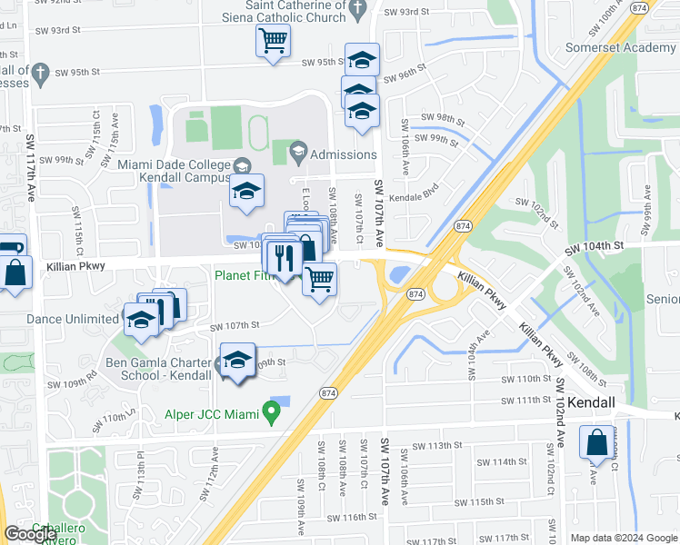 map of restaurants, bars, coffee shops, grocery stores, and more near 10500 Southwest 108th Avenue in Miami