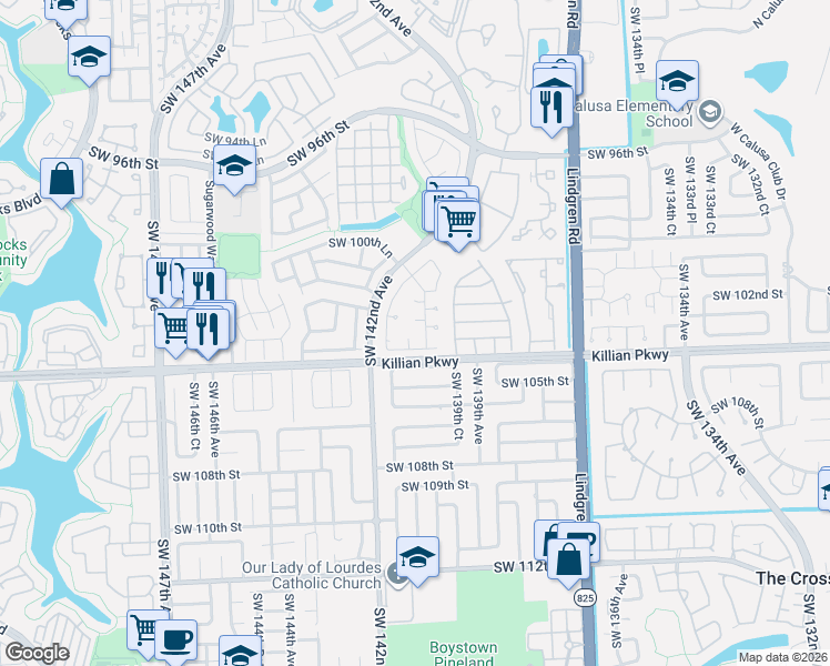map of restaurants, bars, coffee shops, grocery stores, and more near 13944 Southwest 103rd Terrace in Miami