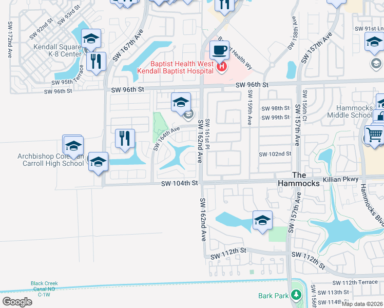 map of restaurants, bars, coffee shops, grocery stores, and more near 16273 Southwest 102nd Terrace in Miami