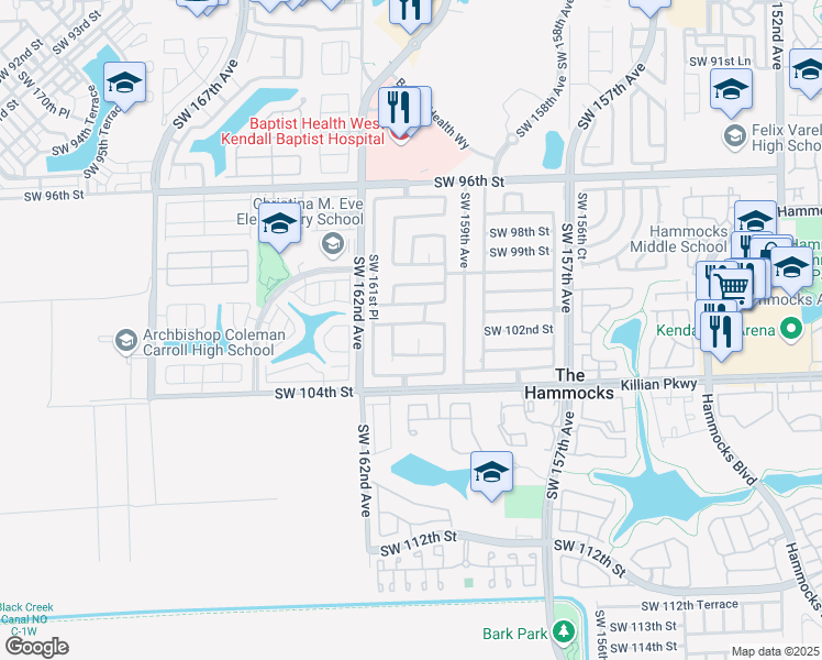 map of restaurants, bars, coffee shops, grocery stores, and more near 16032 Southwest 101st Terrace in Miami