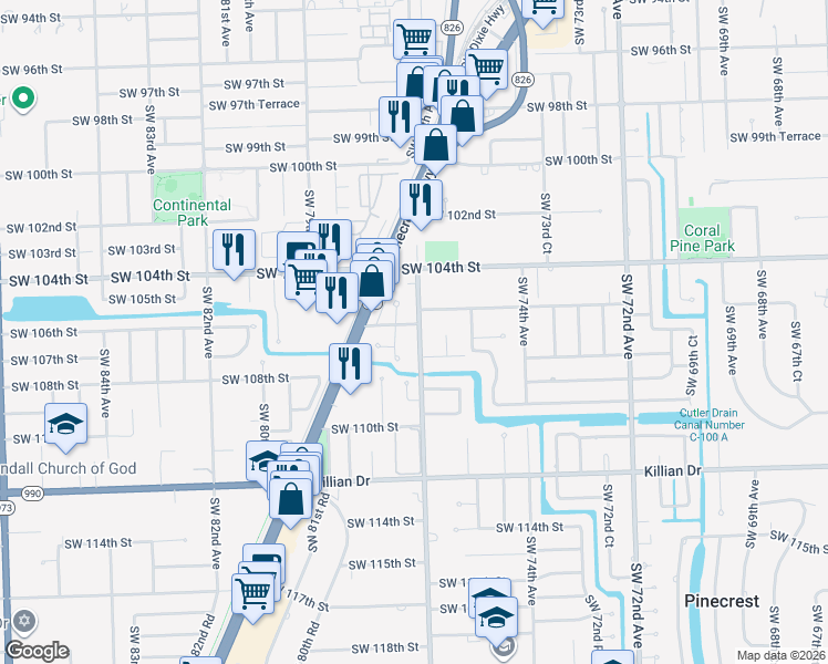 map of restaurants, bars, coffee shops, grocery stores, and more near 10710 Southwest 77th Avenue in Miami