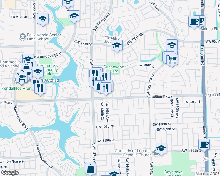 map of restaurants, bars, coffee shops, grocery stores, and more near 10330 Southwest 146th Avenue in Miami