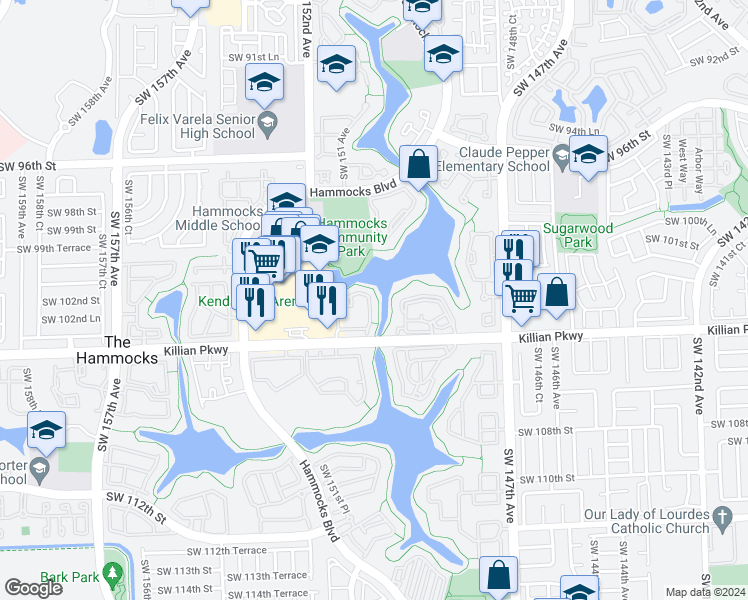 map of restaurants, bars, coffee shops, grocery stores, and more near 10370 Southwest 150th Court in Miami