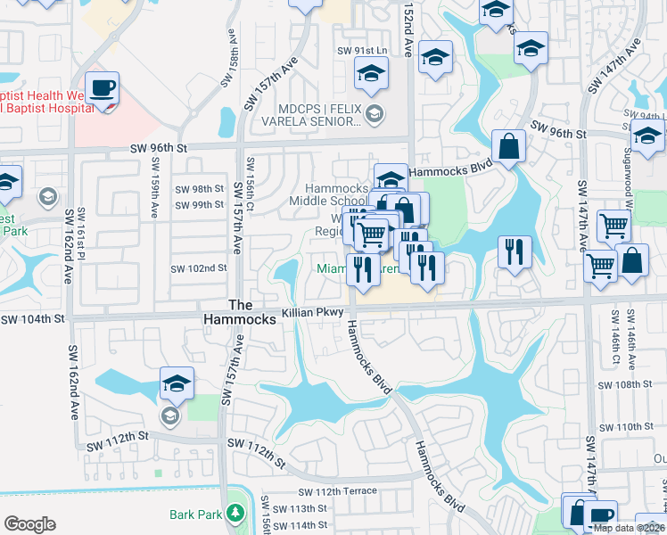 map of restaurants, bars, coffee shops, grocery stores, and more near in The Hammocks