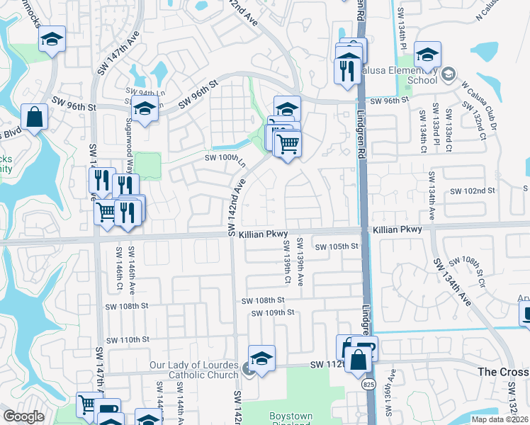 map of restaurants, bars, coffee shops, grocery stores, and more near 13944 Southwest 103rd Terrace in Miami