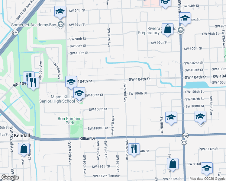 map of restaurants, bars, coffee shops, grocery stores, and more near 9250 Southwest 104th Street in Miami