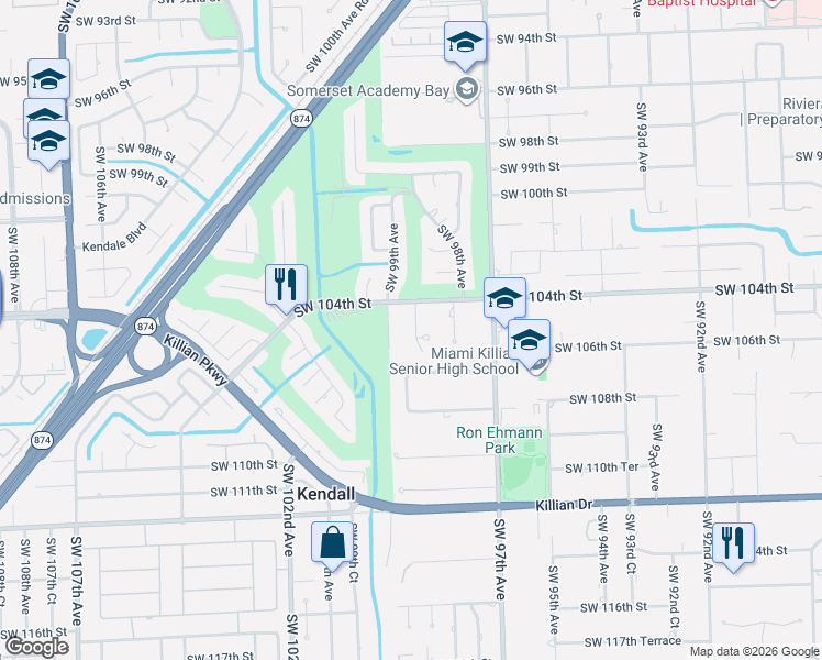 map of restaurants, bars, coffee shops, grocery stores, and more near 9880 Southwest 104th Street in Miami