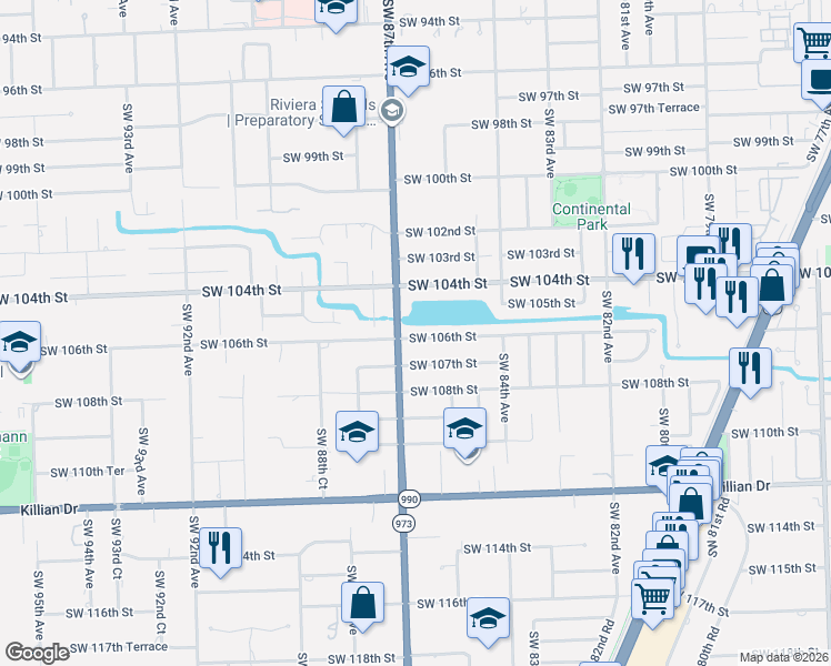 map of restaurants, bars, coffee shops, grocery stores, and more near 8541 Southwest 106th Street in Miami