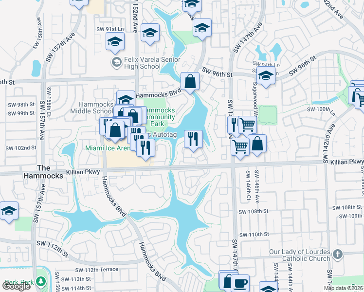 map of restaurants, bars, coffee shops, grocery stores, and more near 10300 Southwest 150th Place in Miami