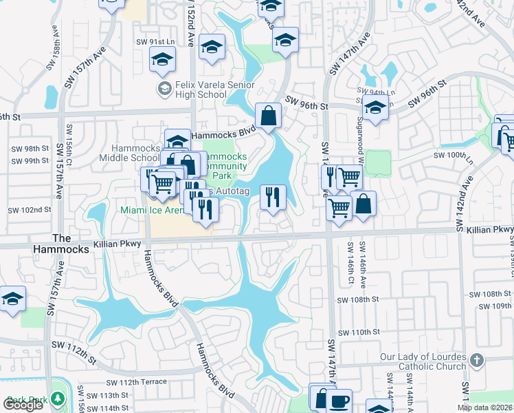 map of restaurants, bars, coffee shops, grocery stores, and more near 10300 Southwest 150th Place in Miami