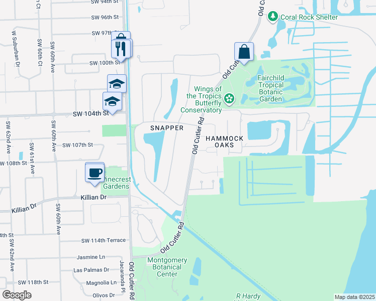 map of restaurants, bars, coffee shops, grocery stores, and more near 10600 Old Cutler Road in Coral Gables