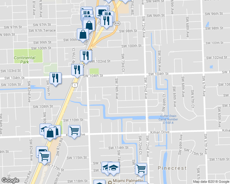 map of restaurants, bars, coffee shops, grocery stores, and more near 10545 Southwest 74th Avenue in Miami