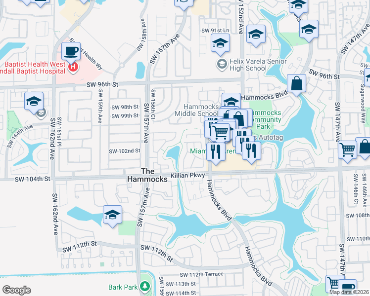 map of restaurants, bars, coffee shops, grocery stores, and more near 10047 Southwest 156th Avenue in Miami