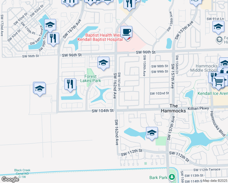map of restaurants, bars, coffee shops, grocery stores, and more near 10076 Southwest 161st Place in Miami