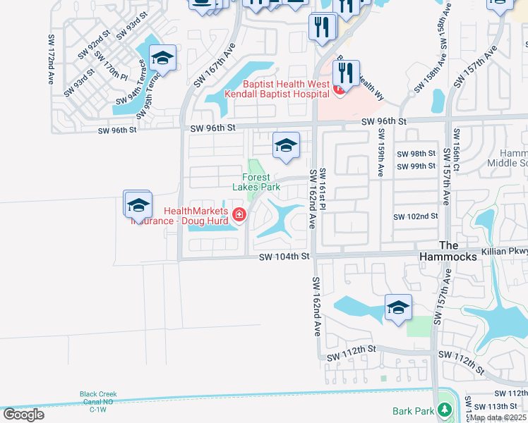 map of restaurants, bars, coffee shops, grocery stores, and more near 16318 Southwest 100th Terrace in Miami