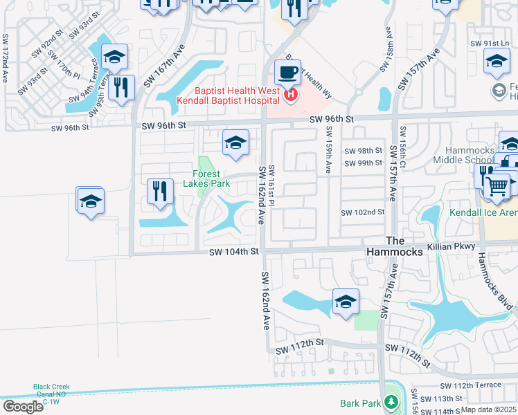 map of restaurants, bars, coffee shops, grocery stores, and more near 10076 Southwest 161st Place in Miami