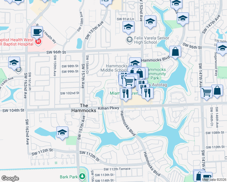 map of restaurants, bars, coffee shops, grocery stores, and more near 10130 Southwest 154th Circle Court in Miami