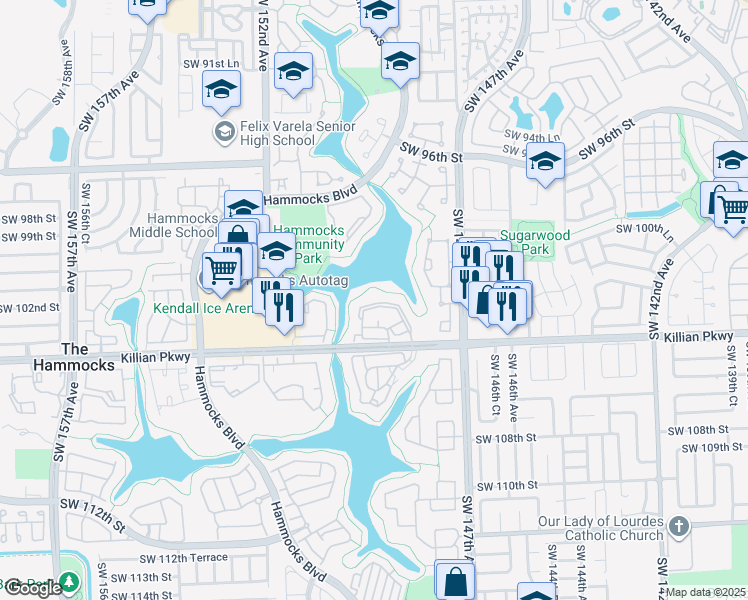 map of restaurants, bars, coffee shops, grocery stores, and more near 14873 Southwest 104th Street in Miami