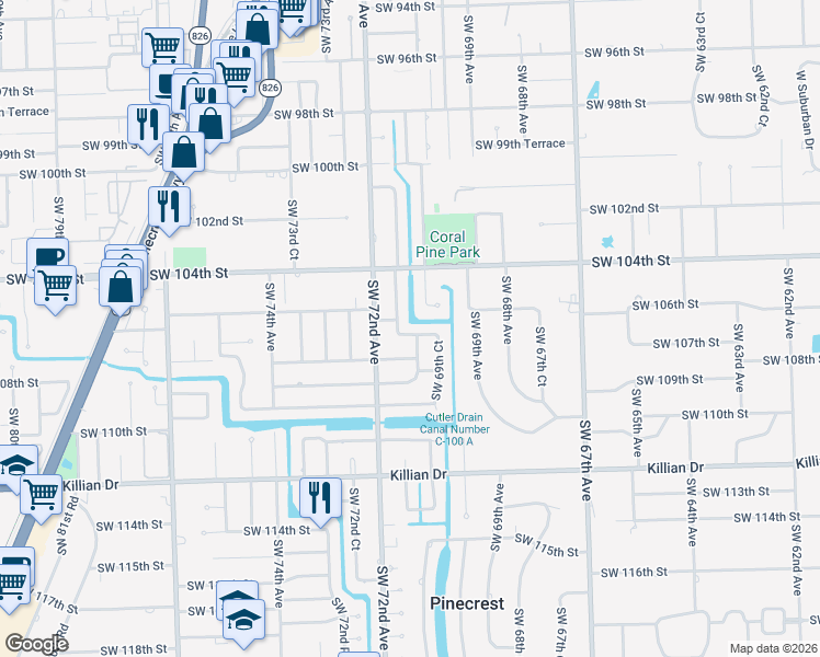map of restaurants, bars, coffee shops, grocery stores, and more near 10550 Southwest 71st Avenue in Miami