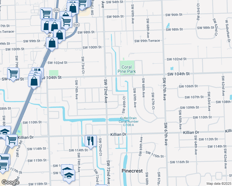map of restaurants, bars, coffee shops, grocery stores, and more near 10550 Southwest 71st Avenue in Miami