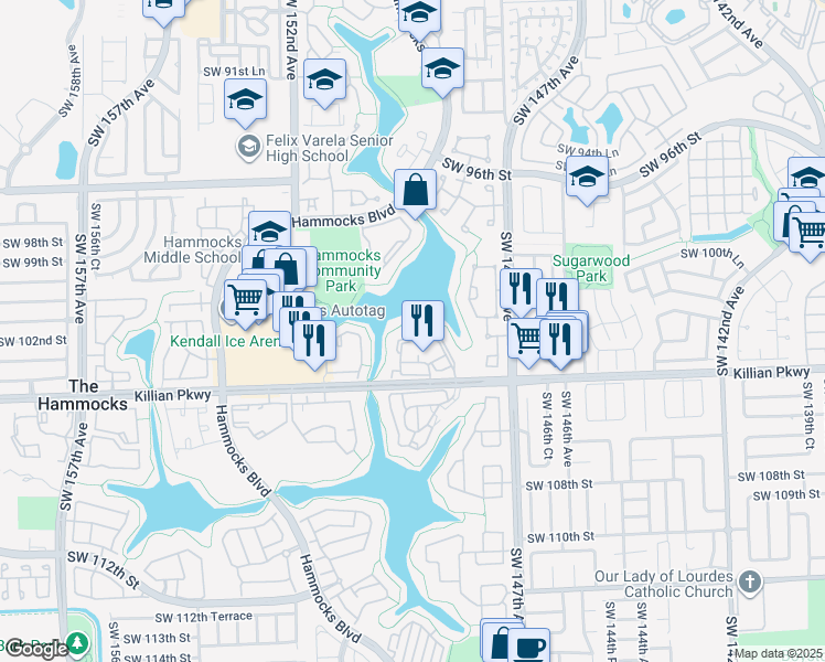 map of restaurants, bars, coffee shops, grocery stores, and more near 14873 Southwest 104th Street in Miami