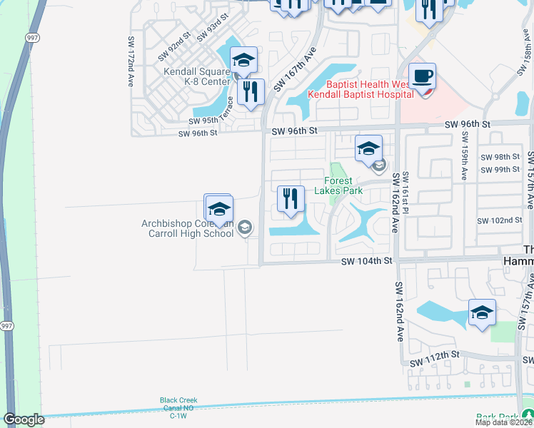 map of restaurants, bars, coffee shops, grocery stores, and more near 10070 Southwest 166th Court in Miami
