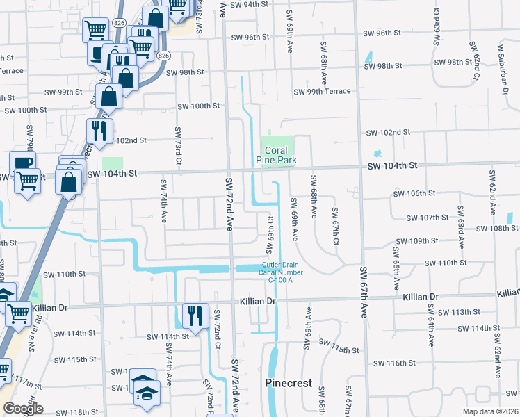 map of restaurants, bars, coffee shops, grocery stores, and more near 6980 Southwest 105th Street in Miami