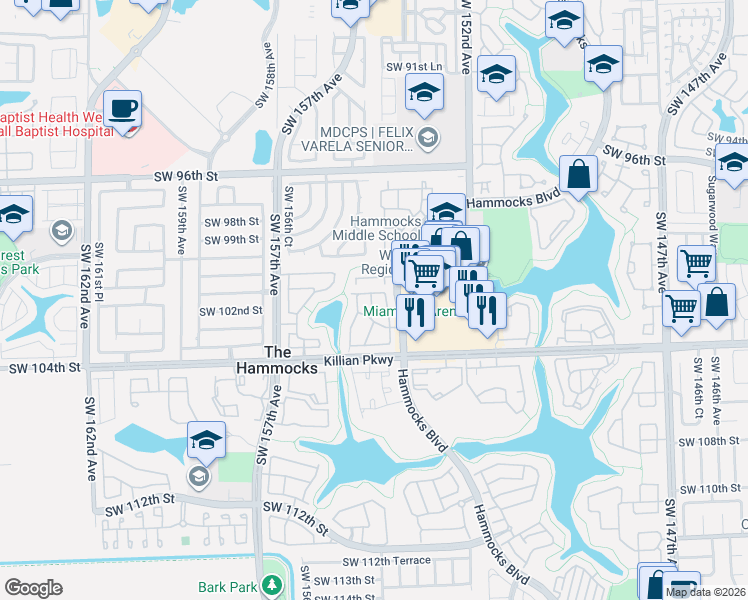 map of restaurants, bars, coffee shops, grocery stores, and more near 10202 Hammocks Boulevard in Miami