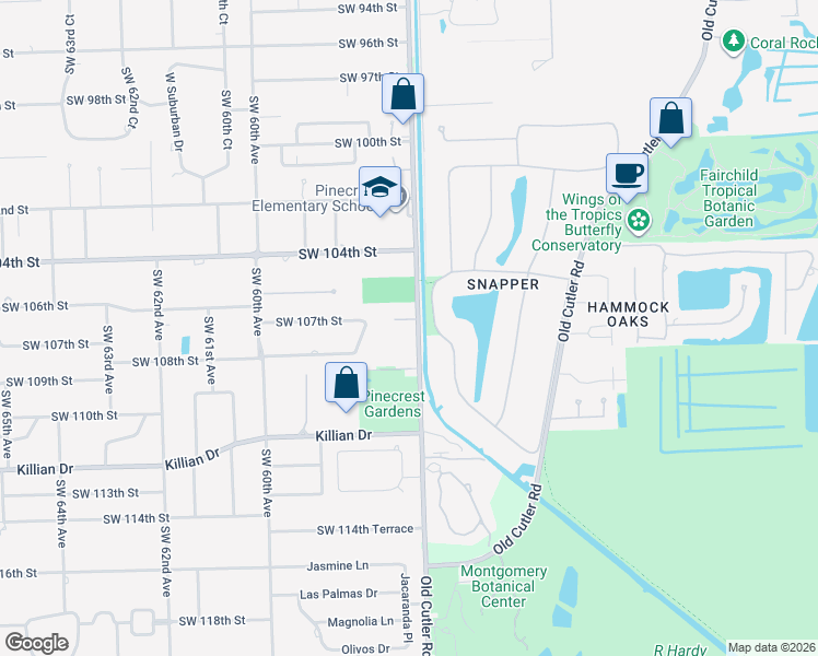 map of restaurants, bars, coffee shops, grocery stores, and more near 5701 Southwest 107th Street in Pinecrest