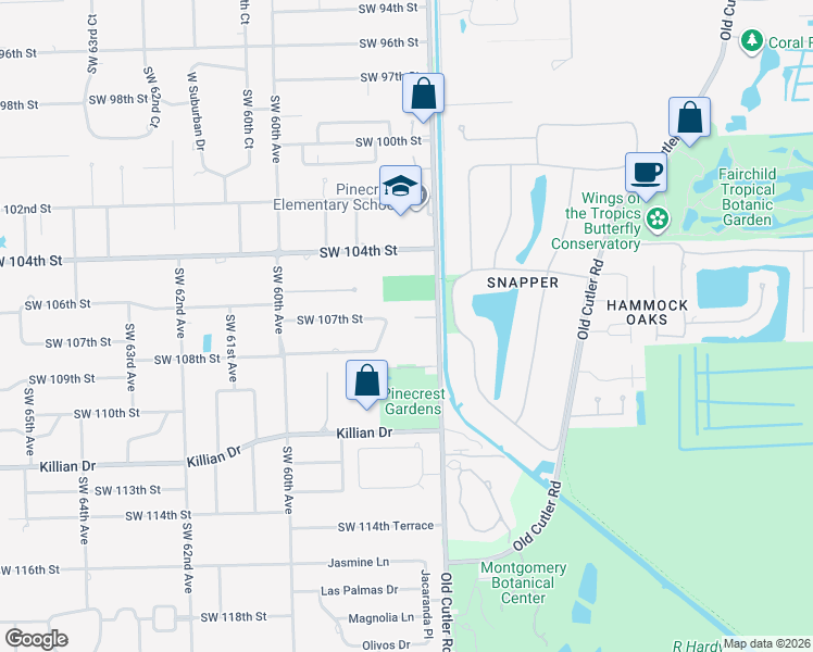 map of restaurants, bars, coffee shops, grocery stores, and more near 5791 Southwest 107th Street in Miami