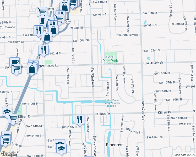 map of restaurants, bars, coffee shops, grocery stores, and more near 10550 Southwest 71st Avenue in Miami