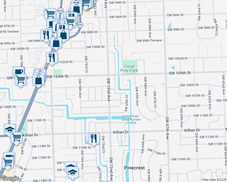 map of restaurants, bars, coffee shops, grocery stores, and more near 10550 Southwest 71st Avenue in Miami