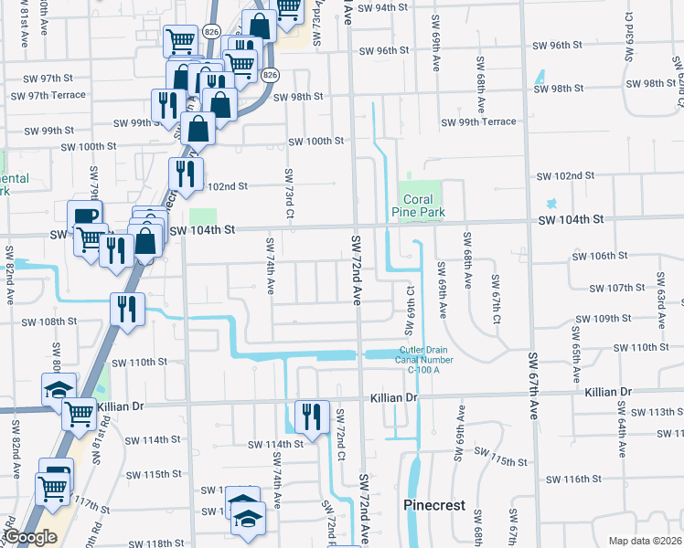 map of restaurants, bars, coffee shops, grocery stores, and more near 7220 Southwest 105th Terrace in Miami