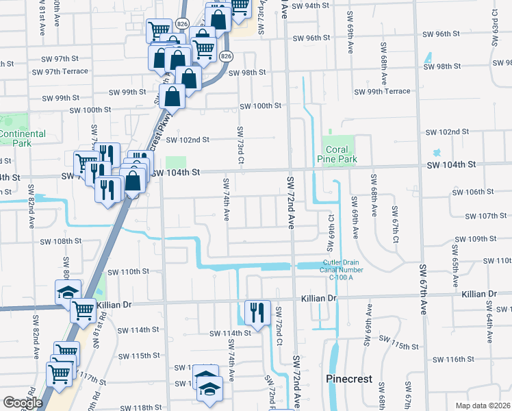 map of restaurants, bars, coffee shops, grocery stores, and more near 7300 Southwest 105th Terrace in Miami