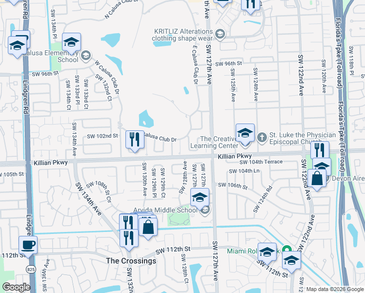 map of restaurants, bars, coffee shops, grocery stores, and more near 10255 Southwest 128th Court in Miami