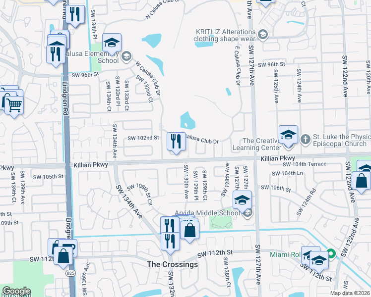 map of restaurants, bars, coffee shops, grocery stores, and more near 10250 Southwest 130th Avenue in Miami
