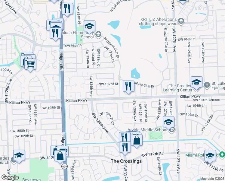 map of restaurants, bars, coffee shops, grocery stores, and more near 13241 Southwest 102nd Terrace in Miami