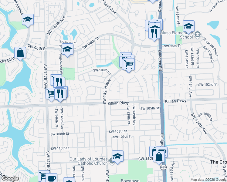 map of restaurants, bars, coffee shops, grocery stores, and more near 10184 Southwest 139th Place in Miami