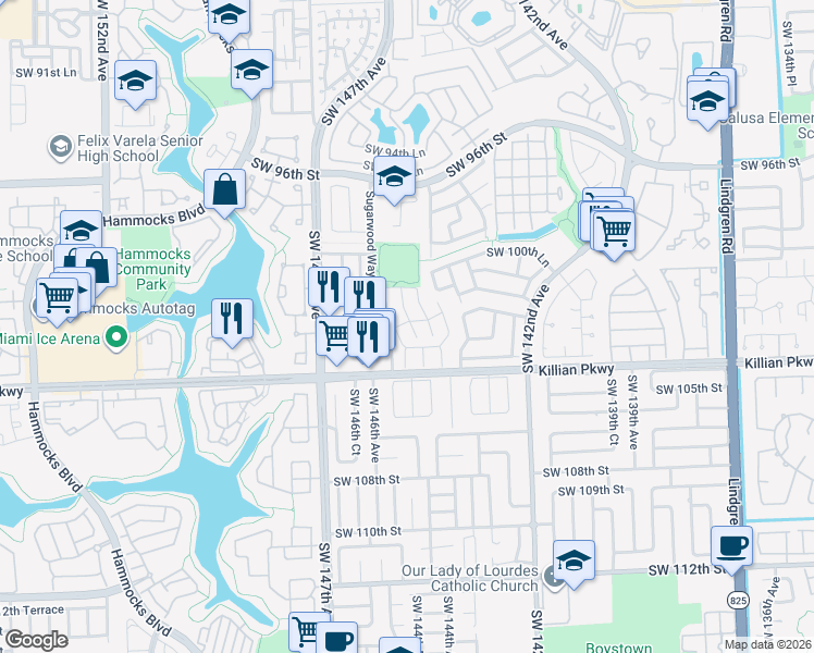 map of restaurants, bars, coffee shops, grocery stores, and more near 10136 Southwest 144th Place in Miami
