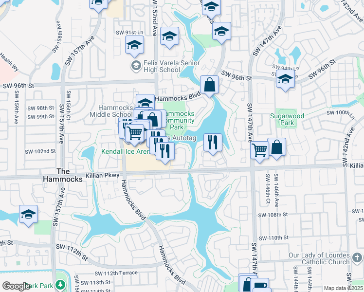 map of restaurants, bars, coffee shops, grocery stores, and more near 15067 Southwest 103rd Terrace in Miami