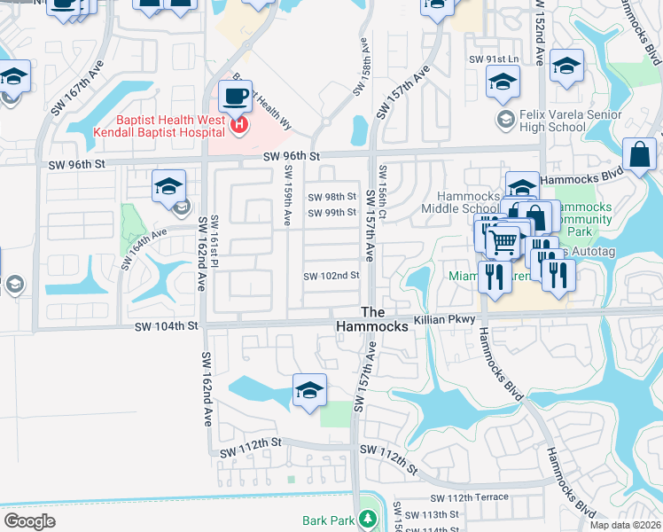 map of restaurants, bars, coffee shops, grocery stores, and more near 15767 Southwest 101st Street in Miami