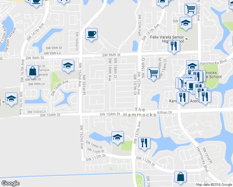 map of restaurants, bars, coffee shops, grocery stores, and more near 15837 Southwest 101st Street in Miami
