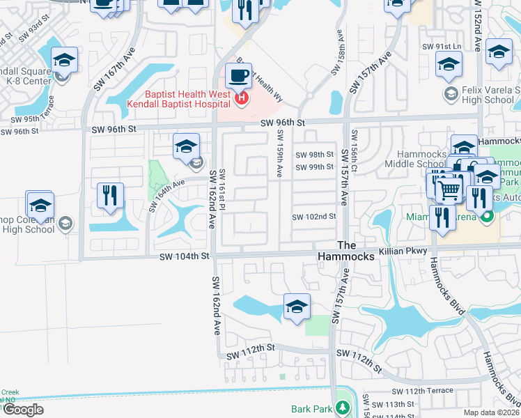 map of restaurants, bars, coffee shops, grocery stores, and more near 10055 Southwest 159th Court in Miami