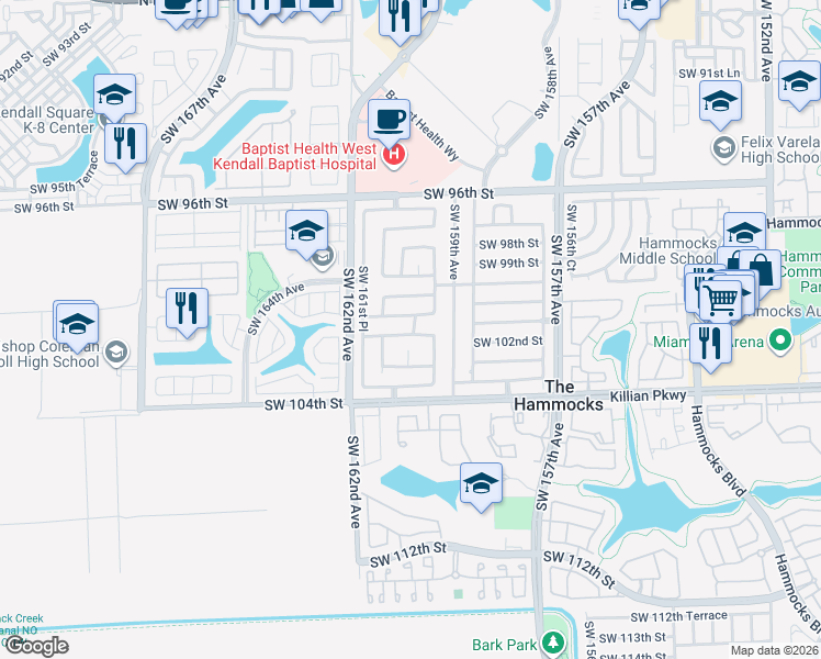 map of restaurants, bars, coffee shops, grocery stores, and more near 16030 Southwest 100th Lane in Miami