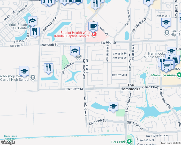 map of restaurants, bars, coffee shops, grocery stores, and more near 10076 Southwest 161st Place in Miami